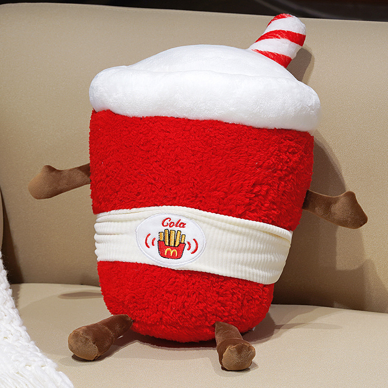 Cola Plush Pillow with a playful embroidered face, soft plush fabric, fluffy PP cotton filling, and cute food-inspired design