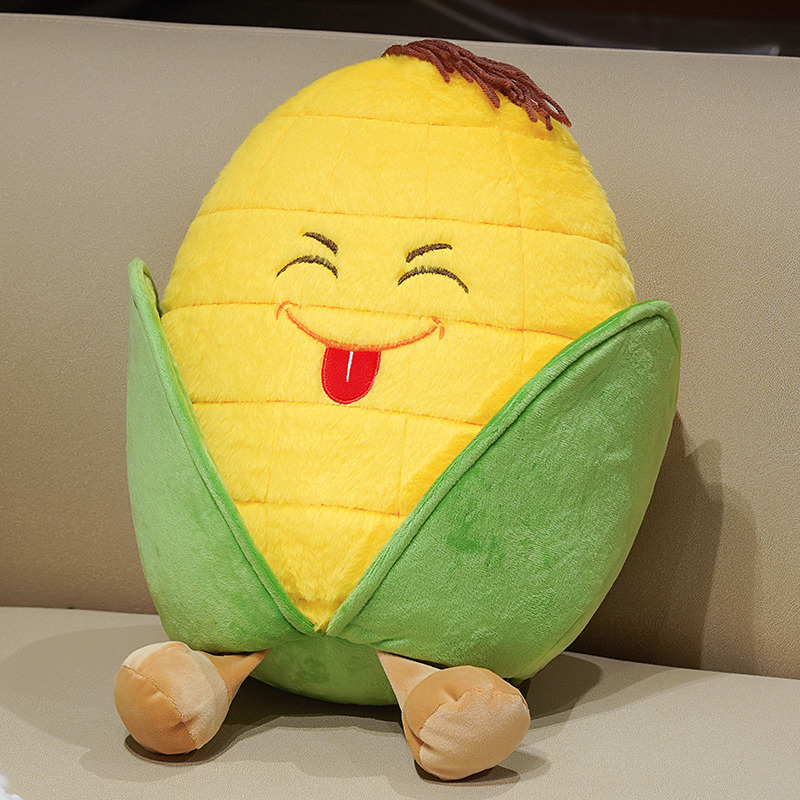 Corn Plush Pillow with a smiling embroidered face, soft plush fabric, fluffy PP cotton filling, and cute food-inspired design