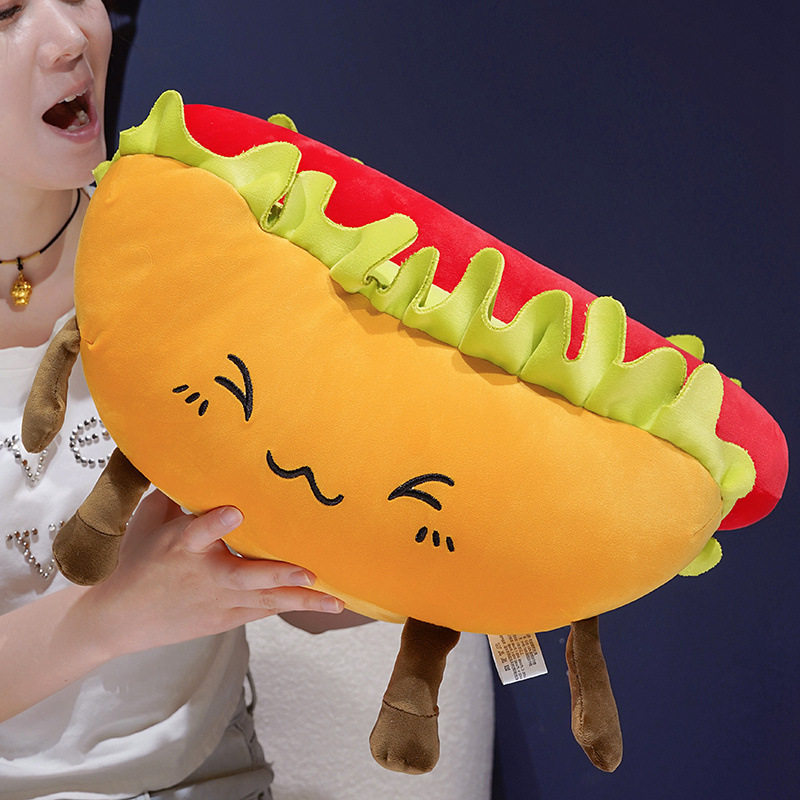 Hot Dog Plush Pillow with soft plush fabric, fluffy PP cotton filling, and a cheerful embroidered face, perfect for hugging or decorating cozy spaces