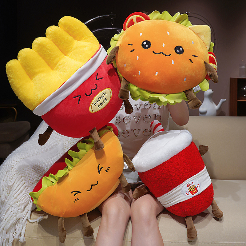 French Fries and Hamburger Plush Pillows with cute embroidered faces, soft plush fabric, and fluffy PP cotton filling, perfect for hugging and decorating cozy spaces