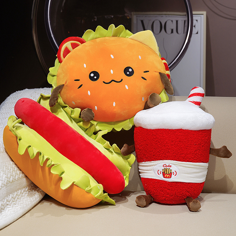 Hamburger, Hot Dog, and Cola Plush Pillows arranged together, highlighting soft plush fabric and playful food-inspired designs