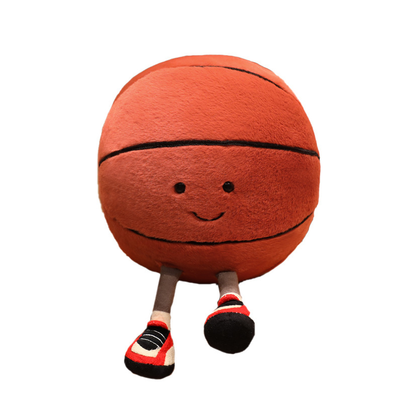 Basketball Plush Toy with a cute smiling basketball design, soft plush fabric, fluffy PP cotton filling, and adorable dangling legs