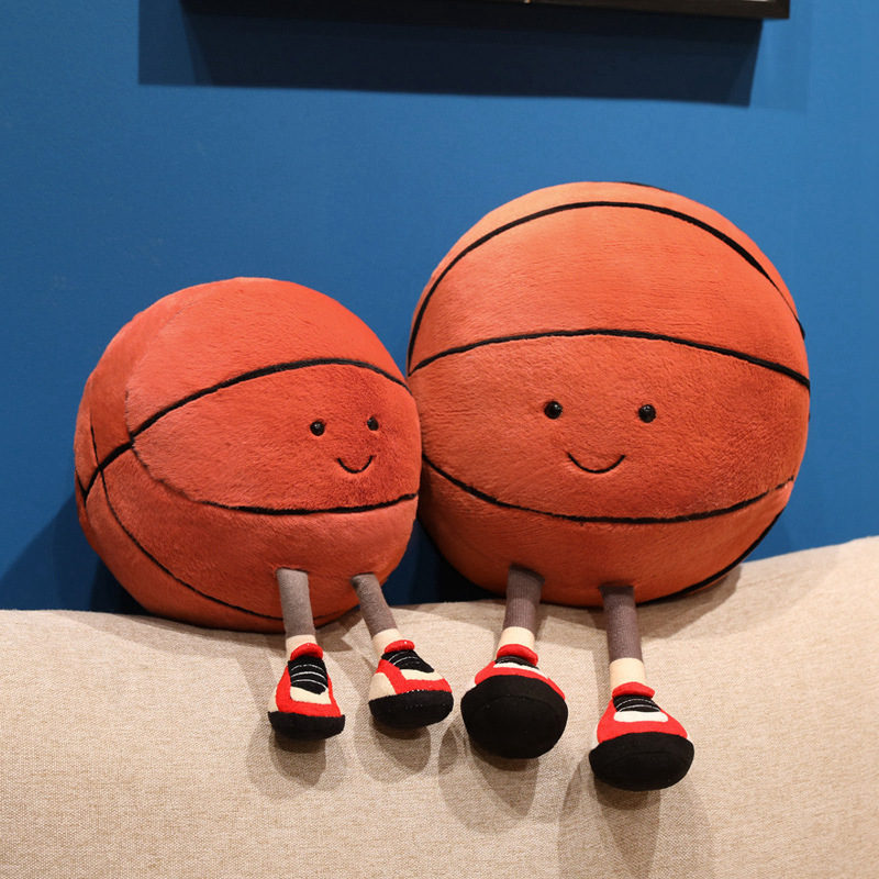 Basketball Plush Toy in multiple sizes featuring a cute smiling basketball design with soft plush fabric, ideal for decorating sofas, shelves, and cozy rooms