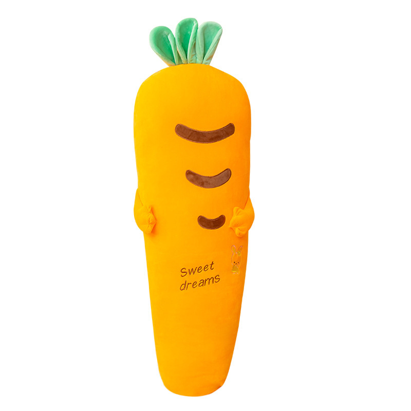 Carrot Plush Pillow featuring soft plush fabric, a long body design, embroidered details, and PP cotton filling