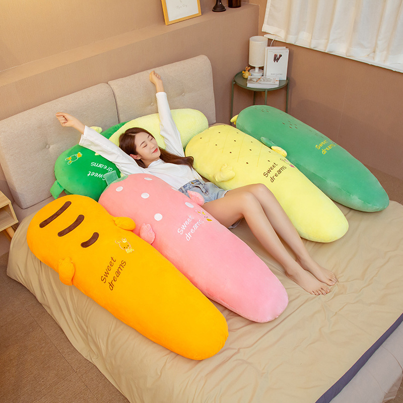 Carrot, Strawberry, Corn, Pineapple, and Cactus Plush Pillows displayed together, featuring soft plush fabric and a long body design for hugging, lounging, sleeping, and cozy bedroom decor