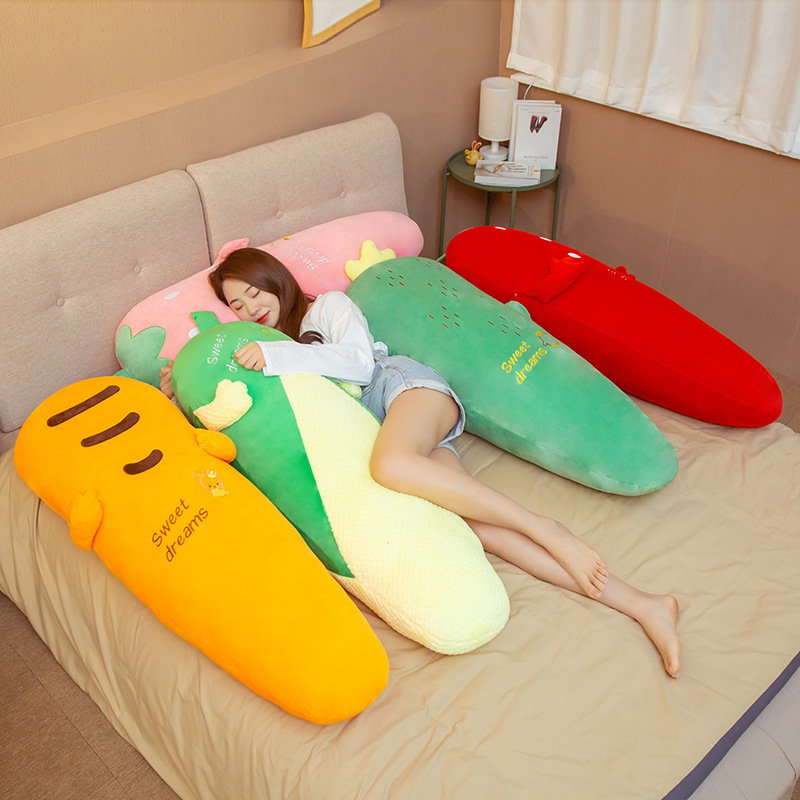 Carrot, Corn, Cactus, and Strawberry Plush Pillows with soft plush fabric and long body design, creating a cozy sleeping and lounging experience for bedrooms and relaxation