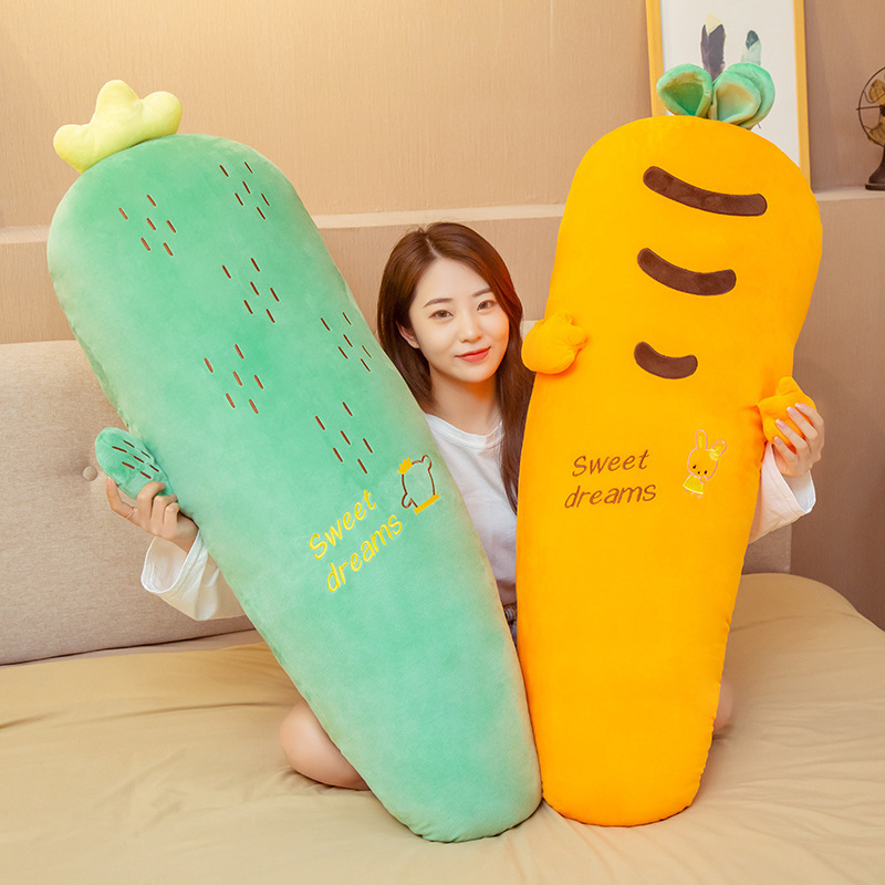 Cactus and Carrot Plush Pillows with soft plush fabric and long body design, ideal for hugging, relaxing, decorating bedrooms, and adding a playful touch to cozy spaces