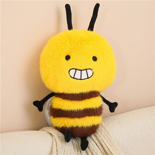 Bee Plush Toy featuring a smiling bumblebee design with soft plush fabric, fluffy striped body, tiny wings, and a cheerful expression