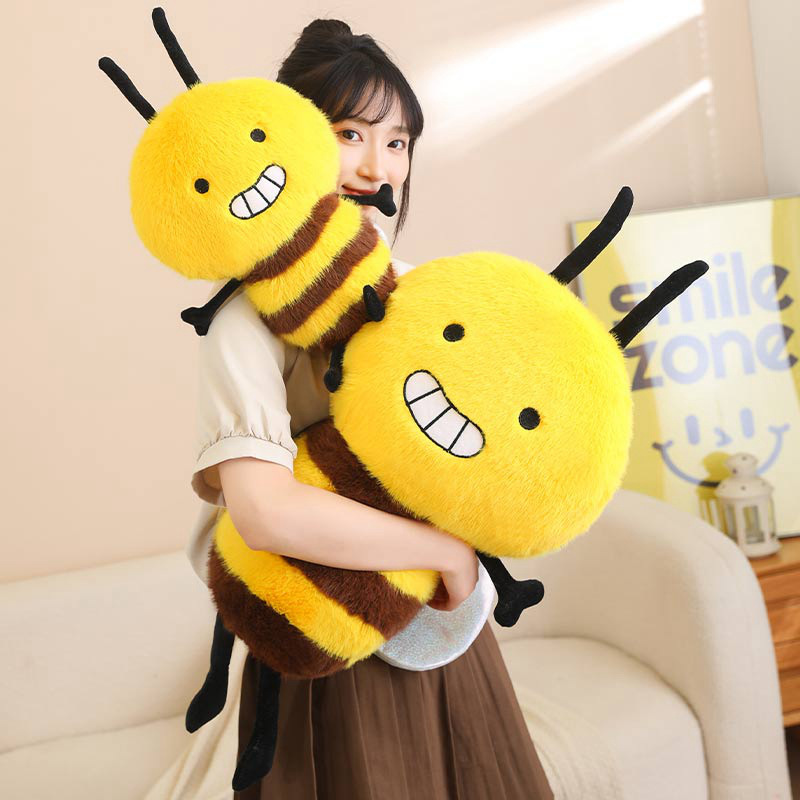 Bee Plush Toys in two sizes with soft plush fabric, fluffy striped bodies, and smiling bumblebee designs, perfect for hugging and cozy room decor