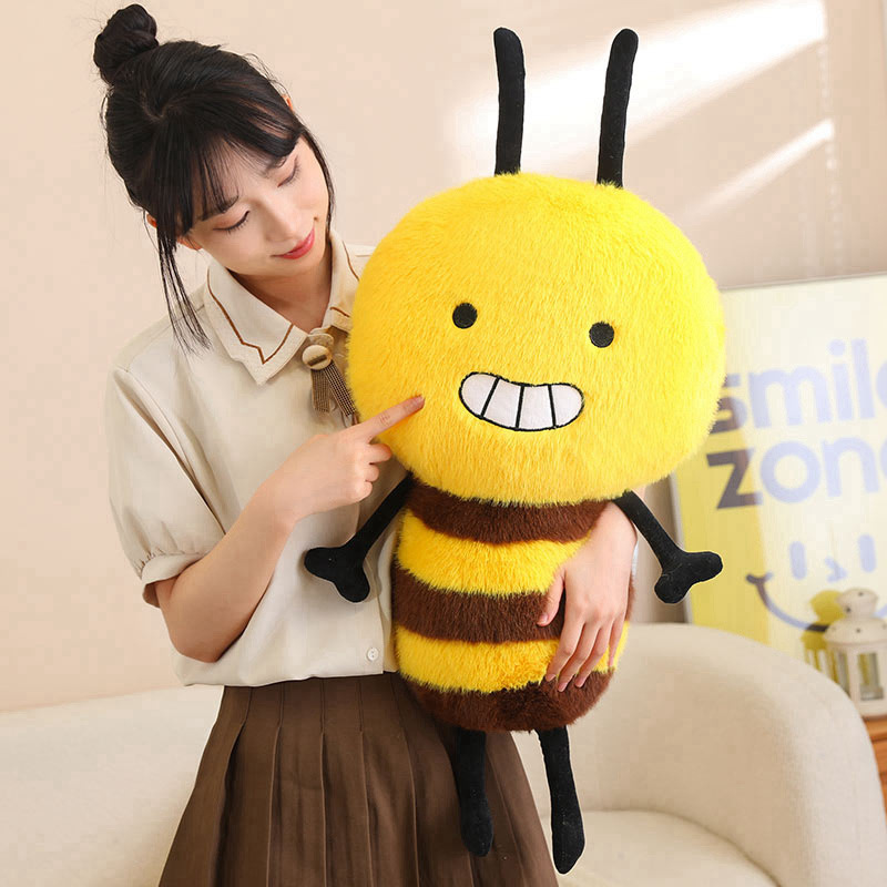 Bee Plush Toy with soft plush fabric, fluffy striped body, embroidered smile, and tiny wings, perfect for cuddling and cozy room decor