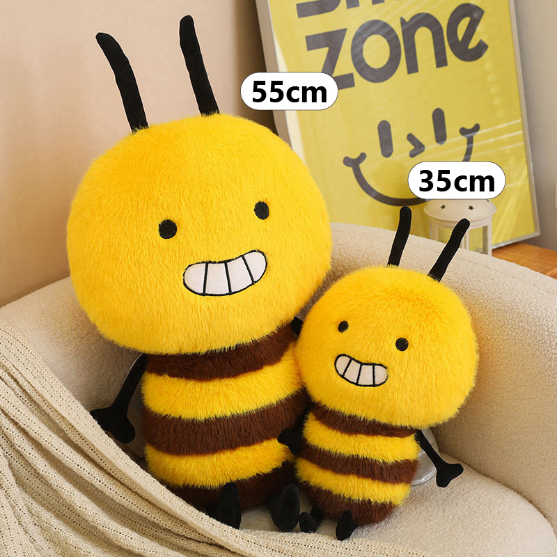Bee Plush Toy size comparison showing 35 cm and 55 cm plush toys with a smiling bumblebee design, soft plush fabric, and fluffy PP cotton filling