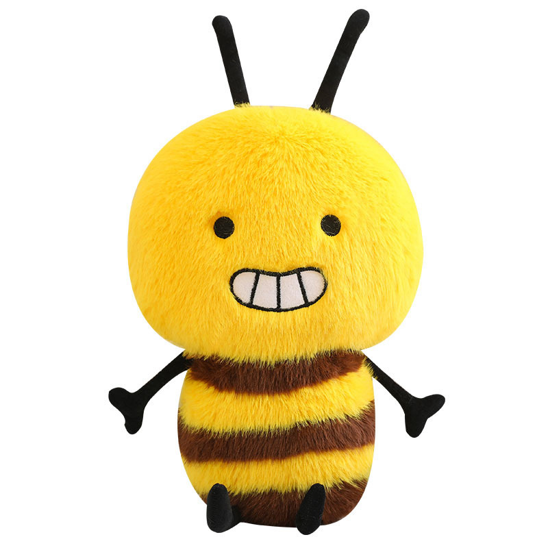 Bee Plush Toy featuring a smiling bumblebee design with soft plush fabric, fluffy striped body, tiny wings, and dangling arms and legs
