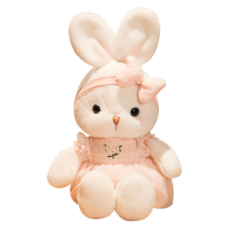 Cute Bunny Plush Toy with soft plush fabric, fluffy PP cotton filling, embroidered daisy dress, matching bow, and adorable rabbit design