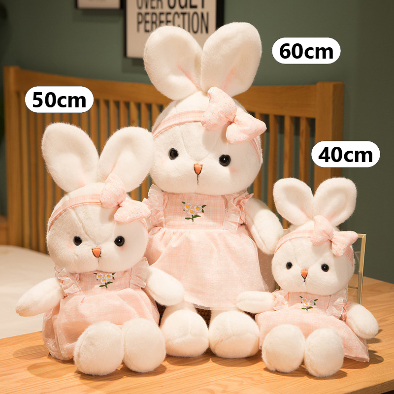 Cute Bunny Plush Toy size comparison showing 40 cm, 50 cm, and 60 cm options with embroidered daisy dress, matching bow, and soft plush fabric