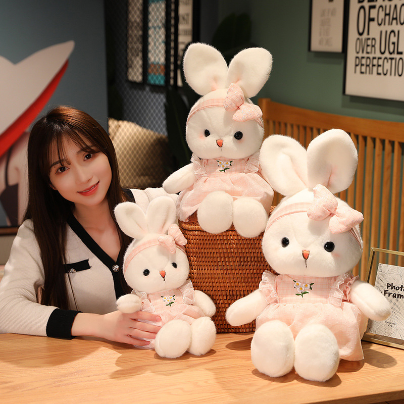 Cute Bunny Plush Toys in three sizes featuring soft plush fabric, fluffy PP cotton filling, embroidered daisy dresses, and matching bows, perfect for cuddling, displaying, and decorating cozy spaces