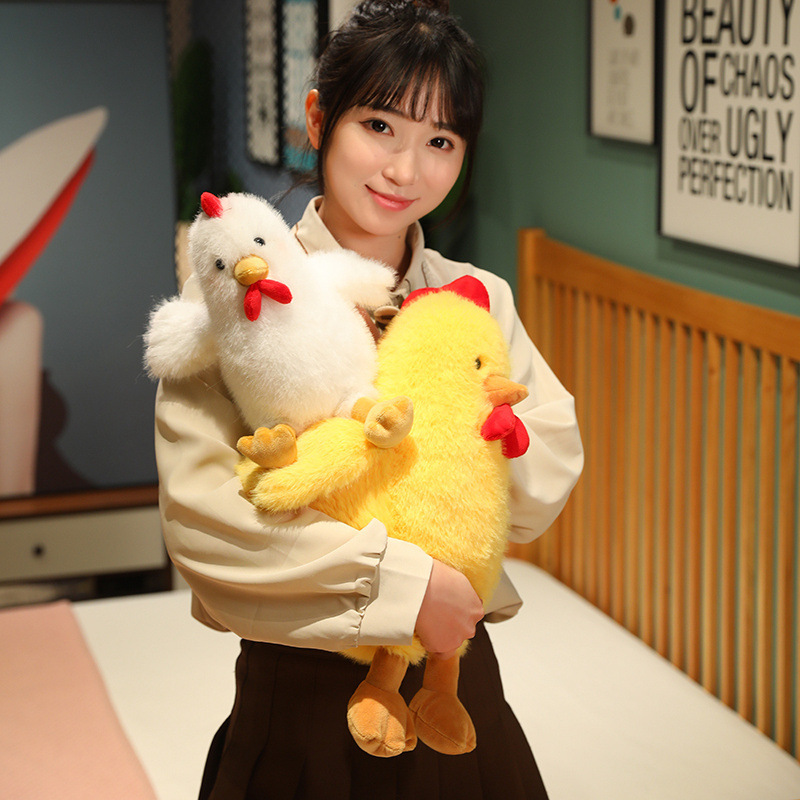 Cute Chicken Plush Toys in white and yellow, showcasing their soft fluffy texture and huggable design