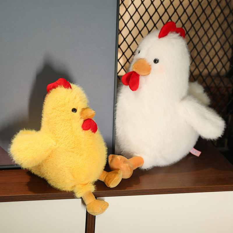 Yellow and White Cute Chicken Plush Toys displayed on a shelf, adding soft charm to cozy home decor