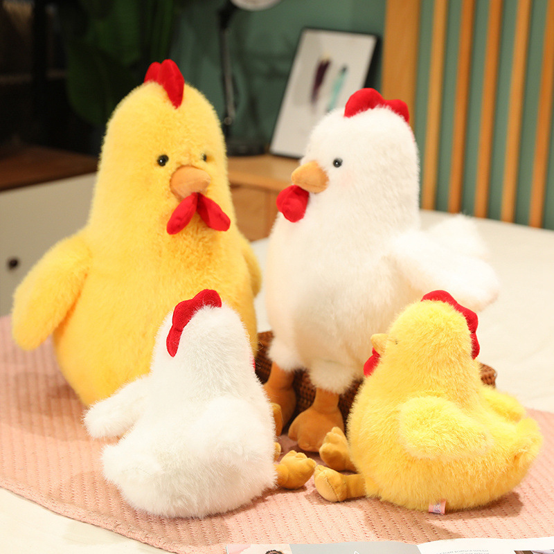 Cute Chicken Plush Toys in white and yellow showcasing front and back views on a bed
