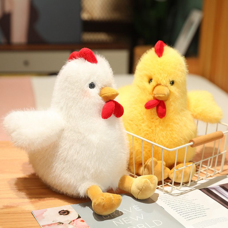White and Yellow Cute Chicken Plush Toys displayed with a storage basket, adding playful charm to cozy room decor