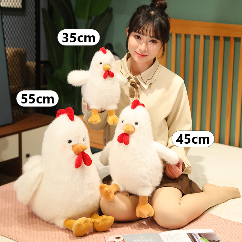Cute Chicken Plush Toy size comparison showing 35 cm, 45 cm, and 55 cm options