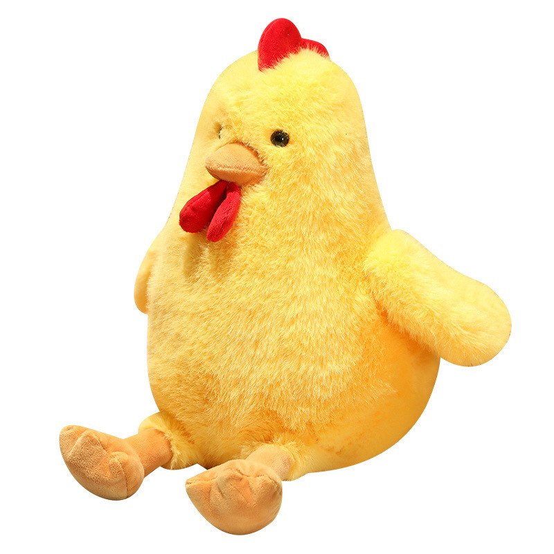 Cute Chicken Plush Toy in yellow with fluffy plush fabric on a white background
