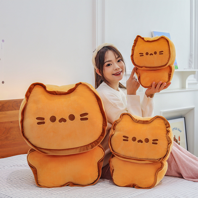 Biscuit Cat Plush Pillow displayed in multiple sizes on a bed, showcasing its soft plush fabric, cute cat design, and cozy look for hugging, decorating, and relaxing