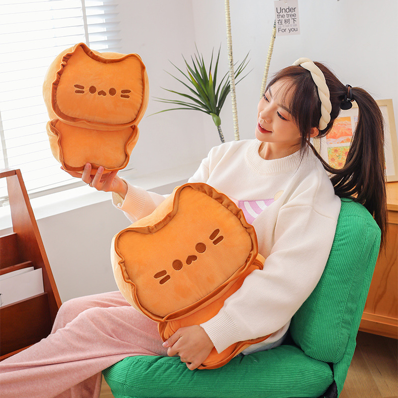 Biscuit Cat Plush Pillow displayed in two sizes, featuring a cute biscuit-inspired cat design and soft plush fabric, perfect for hugging, relaxing, and adding cozy charm to living spaces