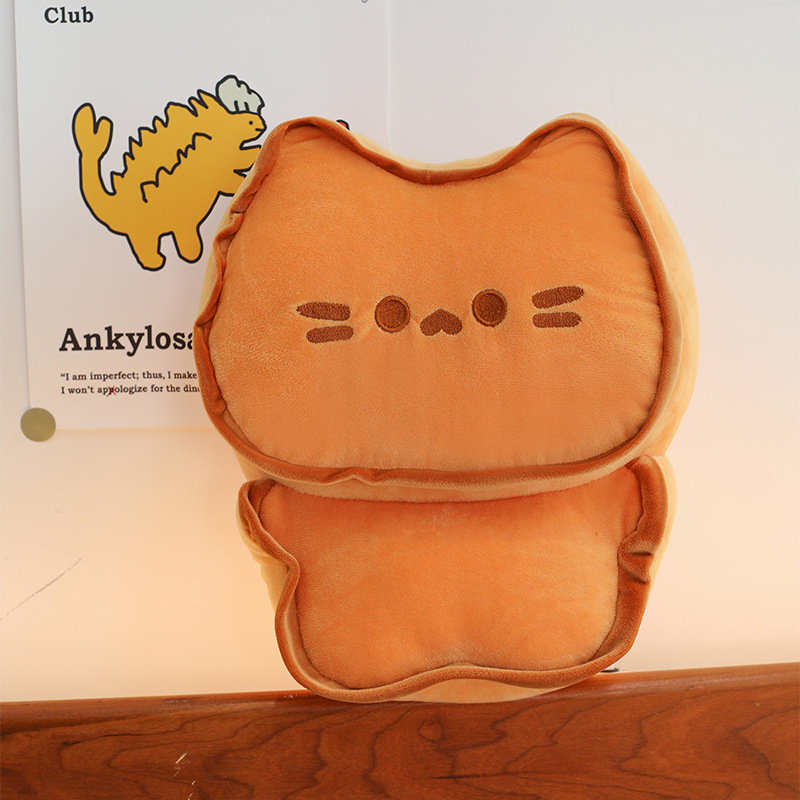 Biscuit Cat Plush Pillow standing on a bed with a cute biscuit-inspired cat design, creating a warm and cozy atmosphere for bedrooms, reading nooks, and home decor