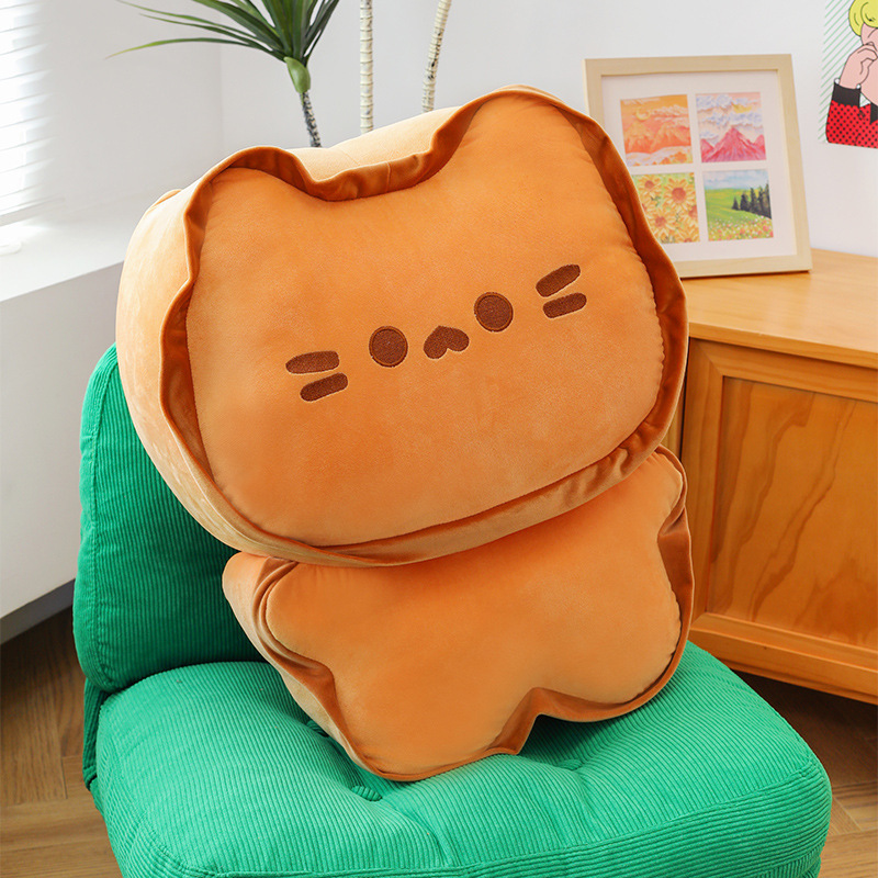 Biscuit Cat Plush Pillow with a cute biscuit-inspired cat design and soft plush fabric, displayed on a lounge chair for hugging, lounging, and cozy home decor