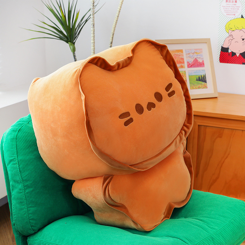 Side view of the Biscuit Cat Plush Pillow showcasing its plush shape, soft filling, and cozy design, perfect for hugging, lounging, and decorating living spaces
