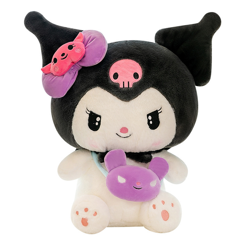 Kuromi Plush Toy with Mini Crossbody Bag featuring soft plush fabric, PP cotton filling, embroidered details, and a cute crossbody bag design on a white background