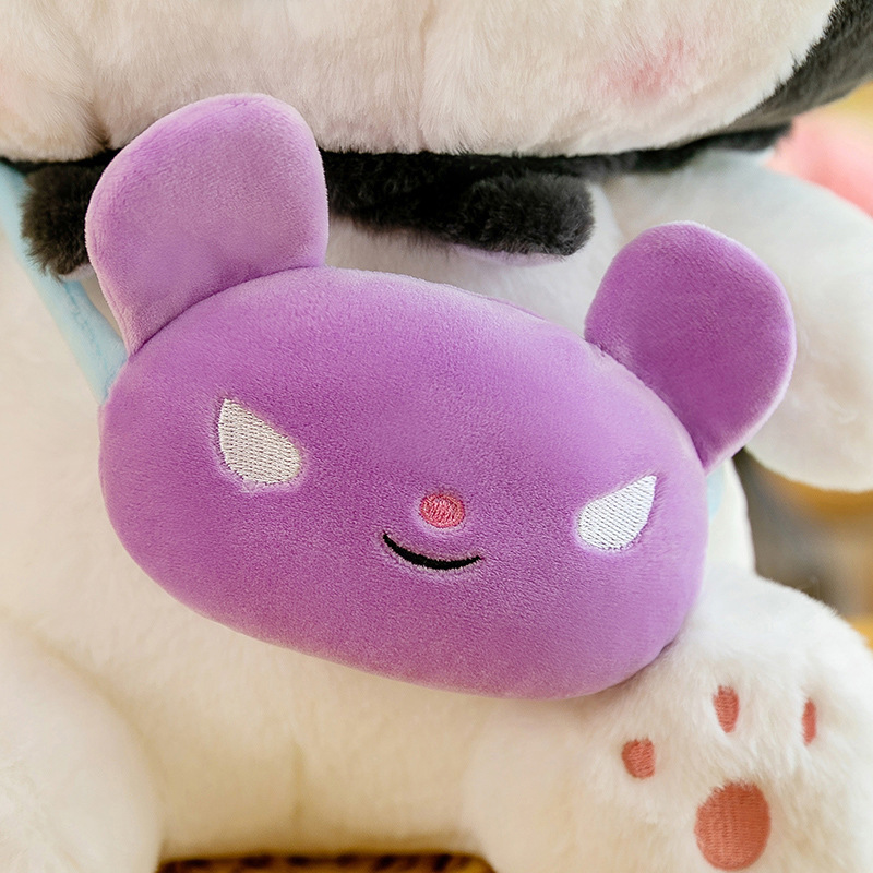 Close-up of the mini crossbody bag on the Kuromi plush toy, featuring a cute purple character design with soft plush fabric and embroidered details