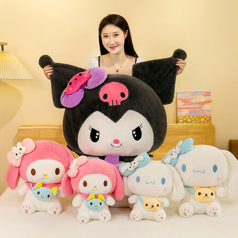 Kuromi, My Melody, and Cinnamoroll plush toys with mini crossbody bags displayed together, creating a cute and cozy collection for decorating bedrooms and relaxing spaces
