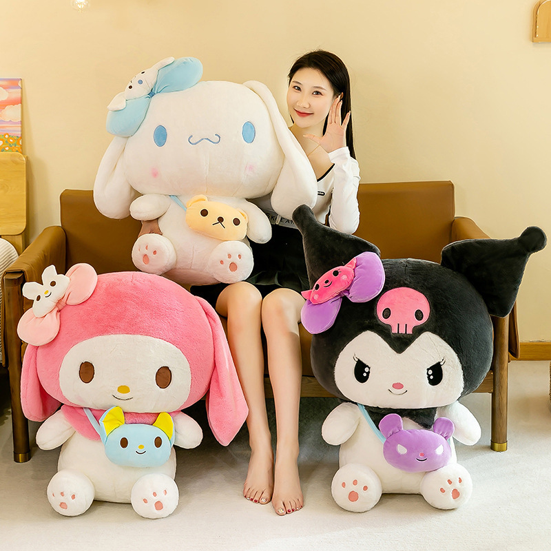 Kuromi Plush Toy with Mini Crossbody Bag displayed alongside My Melody and Cinnamoroll plush toys, creating a cozy and playful bedroom decor setting