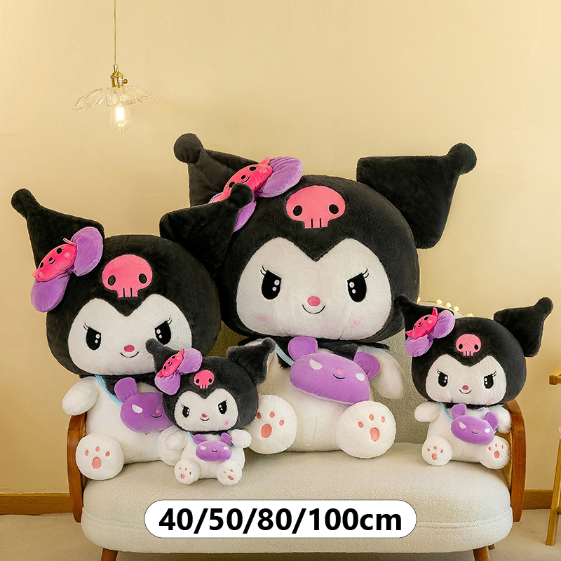 Kuromi Plush Toy with Mini Crossbody Bag size comparison, available in 40 cm, 50 cm, 80 cm, and 100 cm