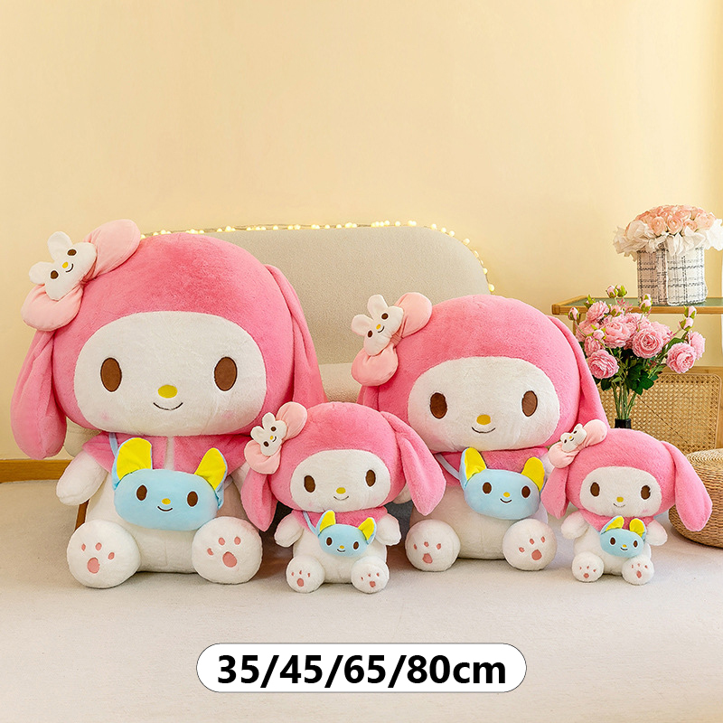 My Melody Plush Toy with Mini Crossbody Bag size comparison, available in 35 cm, 45 cm, 65 cm, and 80 cm