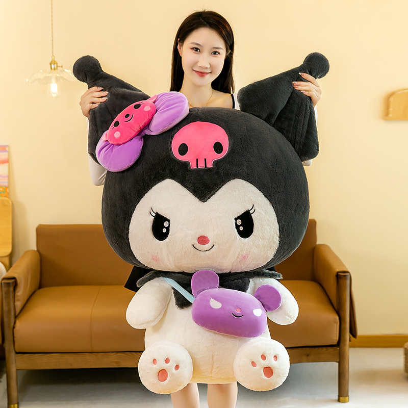 Kuromi plush toy with a mini crossbody bag being held to showcase its soft plush fabric and cute character design for hugging, displaying, and decorating cozy living spaces