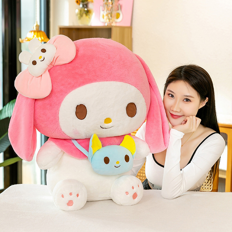 My Melody plush toy with a mini crossbody bag, perfect for hugging while relaxing, reading, or adding a cute accent to bedrooms and cozy living spaces