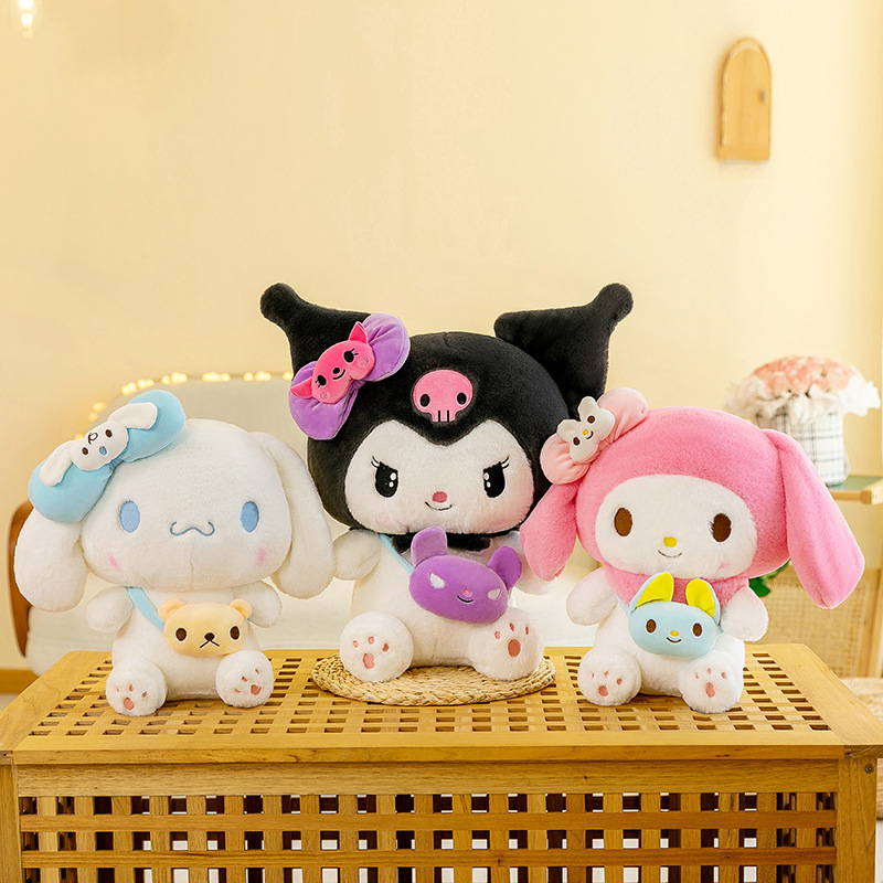Kuromi, My Melody, and Cinnamoroll plush toys with mini crossbody bags displayed together, featuring soft plush fabric and cute character designs for collecting, gifting, and decorating cozy living spaces