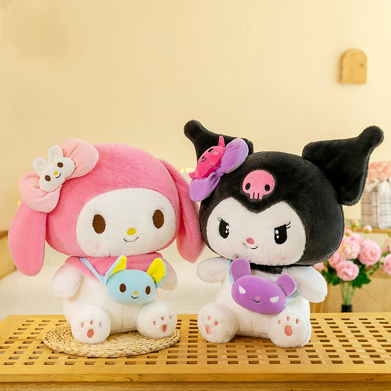 Kuromi and My Melody plush toys with mini crossbody bags displayed together, showcasing soft plush fabric and adorable character designs for hugging, displaying, and adding charm to bedrooms and cozy spaces