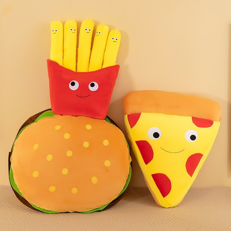 Burger, French Fries & Pizza Plush Toys arranged together, highlighting cheerful food-inspired designs for cozy room decor and playful displays