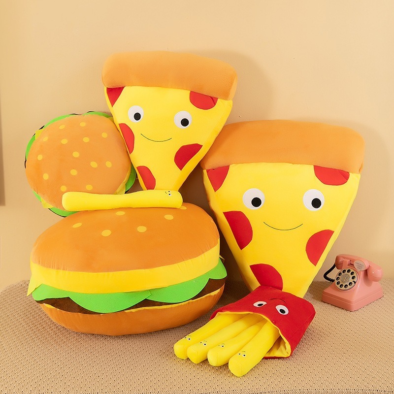 Burger, French Fries & Pizza Plush Toys displayed in a cozy home setting, featuring fun food-inspired designs for hugging, decorating, and collecting