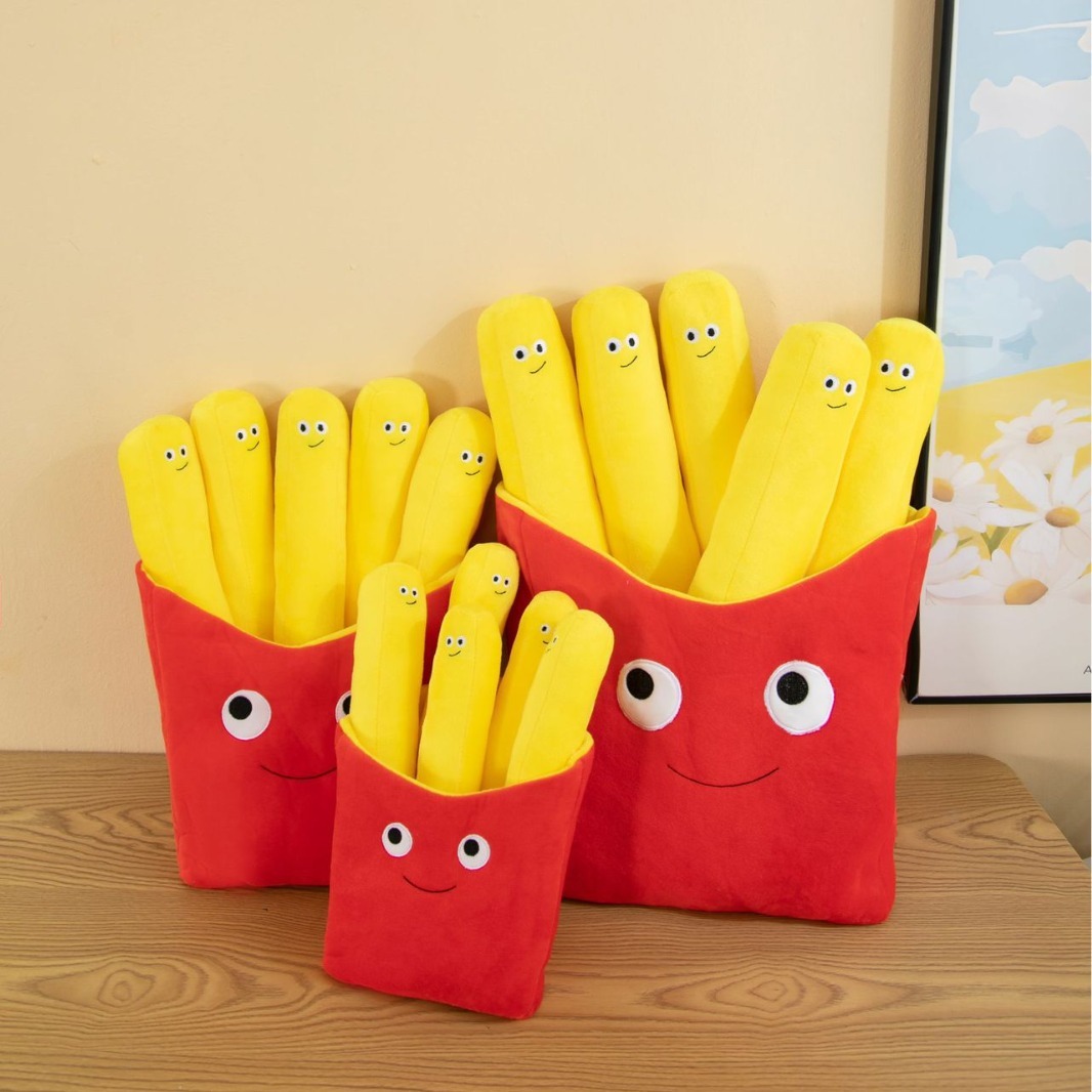 French Fries Plush Toys displayed in multiple sizes, featuring smiling fries designs for decorating, cuddling, and playful displays
