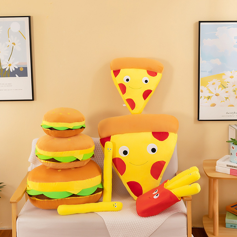 Burger Plush Toys displayed in multiple sizes, showcasing soft burger-inspired designs for hugging, decorating, and cozy living spaces
