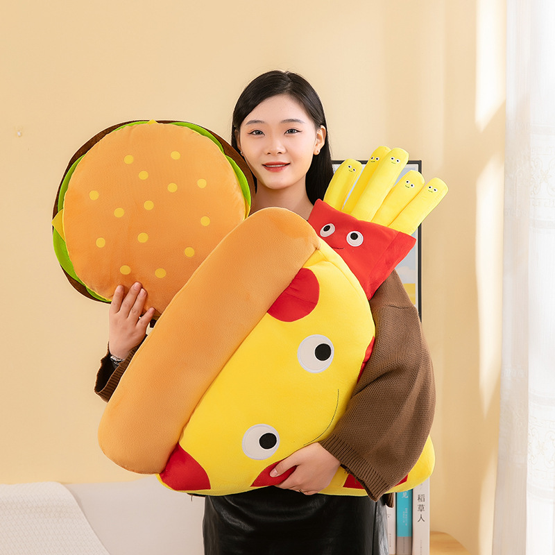 Burger, French Fries & Pizza Plush Toys displayed together, showcasing cute food-inspired designs for hugging, decorating, and gifting