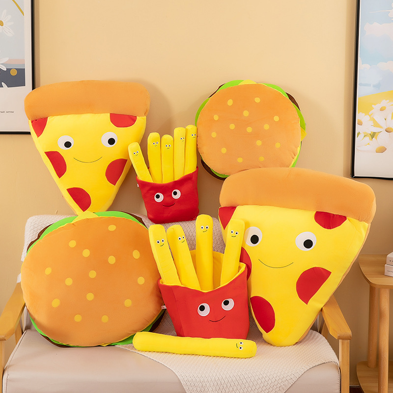 Burger, French Fries & Pizza Plush Toys in multiple sizes, showcasing adorable food-inspired designs for cozy room decor and cuddling