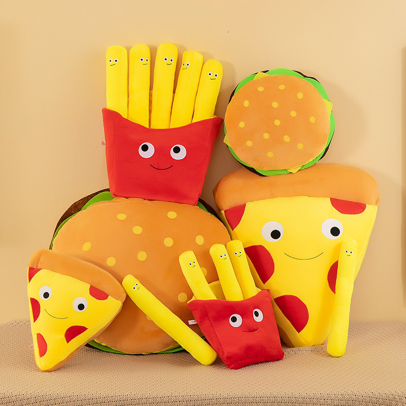 Burger, French Fries & Pizza Plush Toys displayed together in multiple sizes, showcasing cute food-inspired designs for decorating, cuddling, and gifting