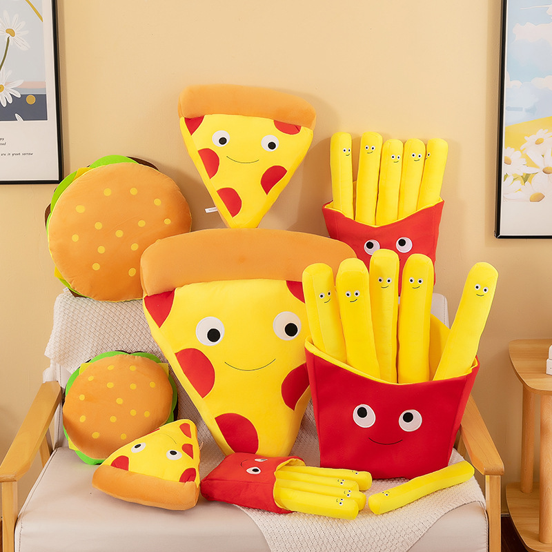 Food Plush Toys featuring burger, french fries, and pizza designs in assorted sizes, perfect for decorating, collecting, and cozy cuddles