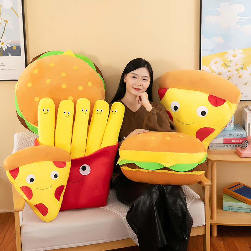 Burger, French Fries & Pizza Plush Toys in multiple sizes displayed in a cozy home setting, perfect for cuddling, displaying, and decorating bedrooms or living spaces