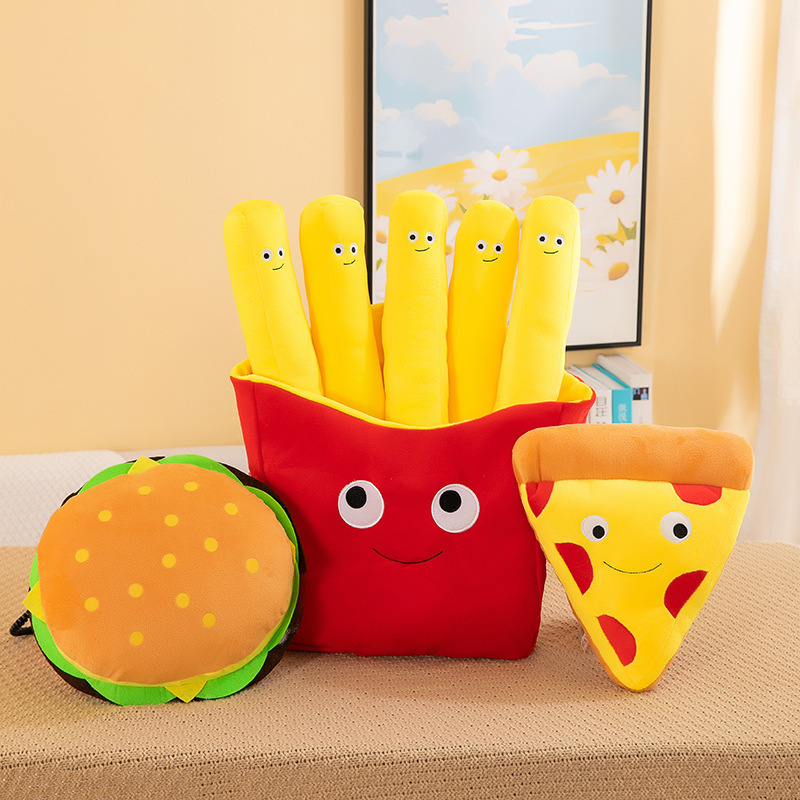 Burger, French Fries & Pizza Plush Toys displayed together, showcasing cute food-inspired designs for decorating, cuddling, and gifting